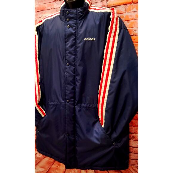Adidas Original Soccer Parka Jacket Men's XL Navy 3 Striped Softshell Snap Front - Picture 7 of 10